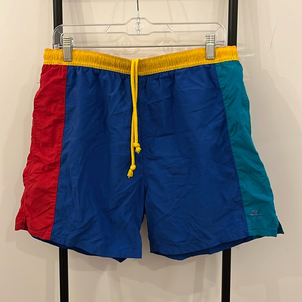 Vintage 1980s Hobie Colorblock Swim Trunks Shorts Men’s M Elastic Waist Nylon
